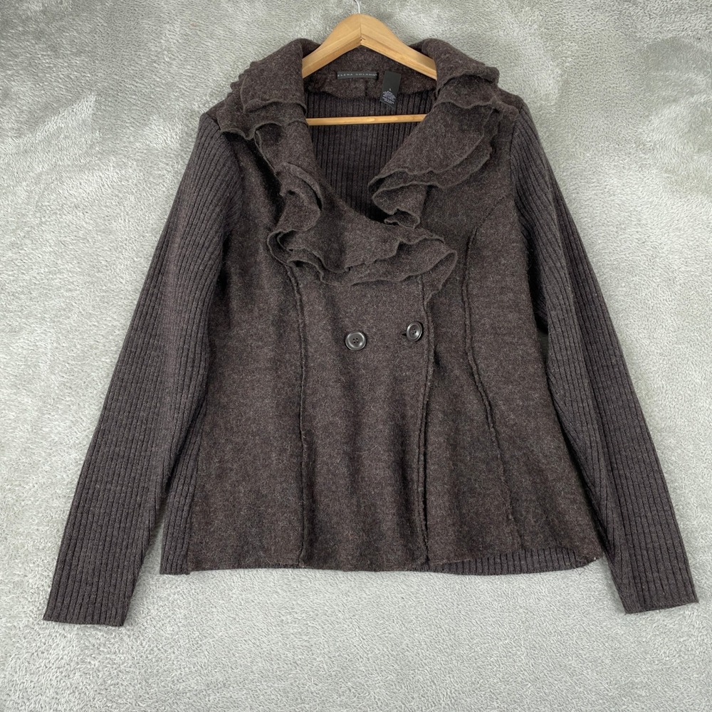Elena Solano Cardigan Womens Large Brown Wool Blend Ruffle Double Breasted Knit